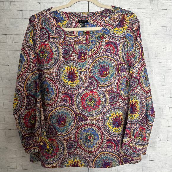 Talbots blouse bohemian hippie bold colorful print deep him side slits plus size - Picture 1 of 9